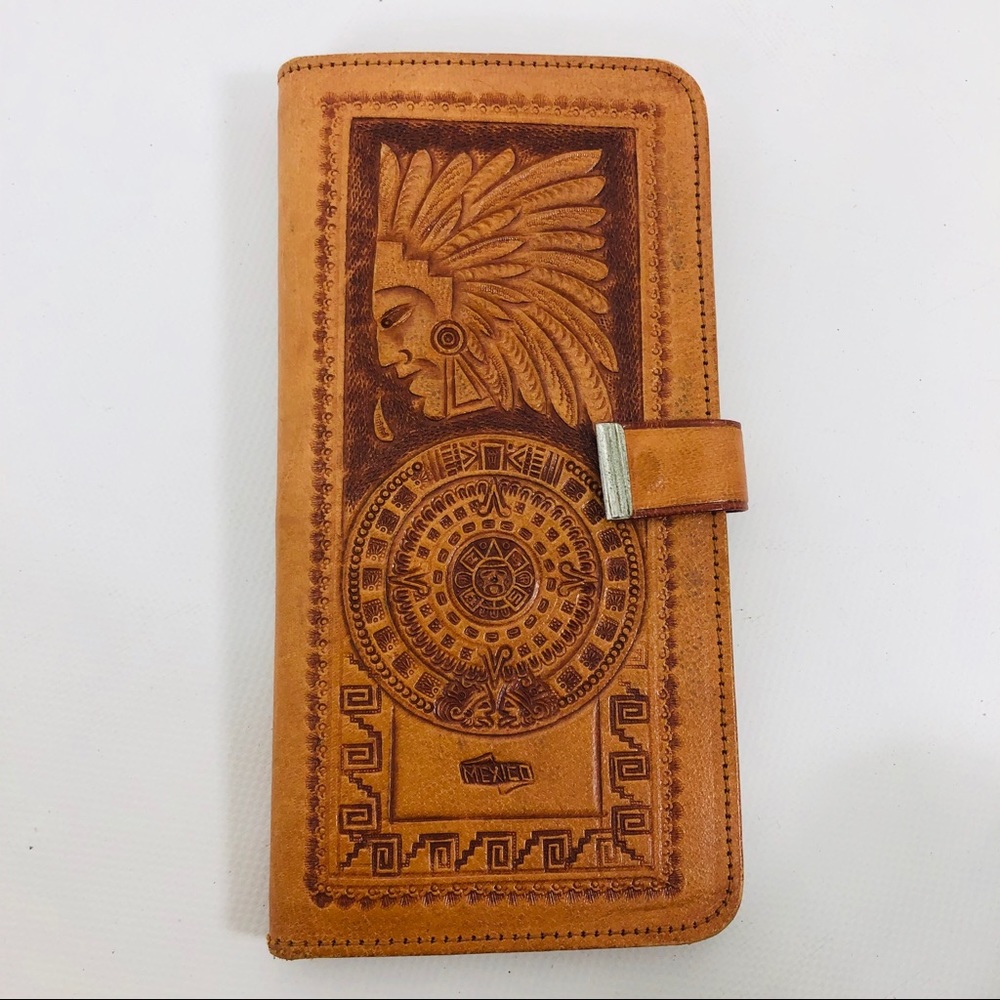 Tan embossed leather wallet from Mexico